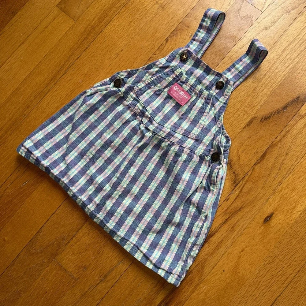Vintage OshKosh B'gosh Overall Dress Girls 3T Blue Plaid Pinafore Pastel USA VTG